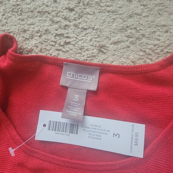 NWT Chicos Sparkle Floral Pullover Sweater Womens 3 Long Sleeve Red - Picture 9 of 11